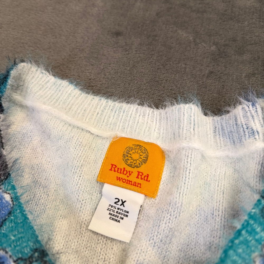 Ruby Rd Floral Eyelash Knit Sweater Womens 2X Blue Fuzzy 3/4 Sleeve NWT - Picture 2 of 9